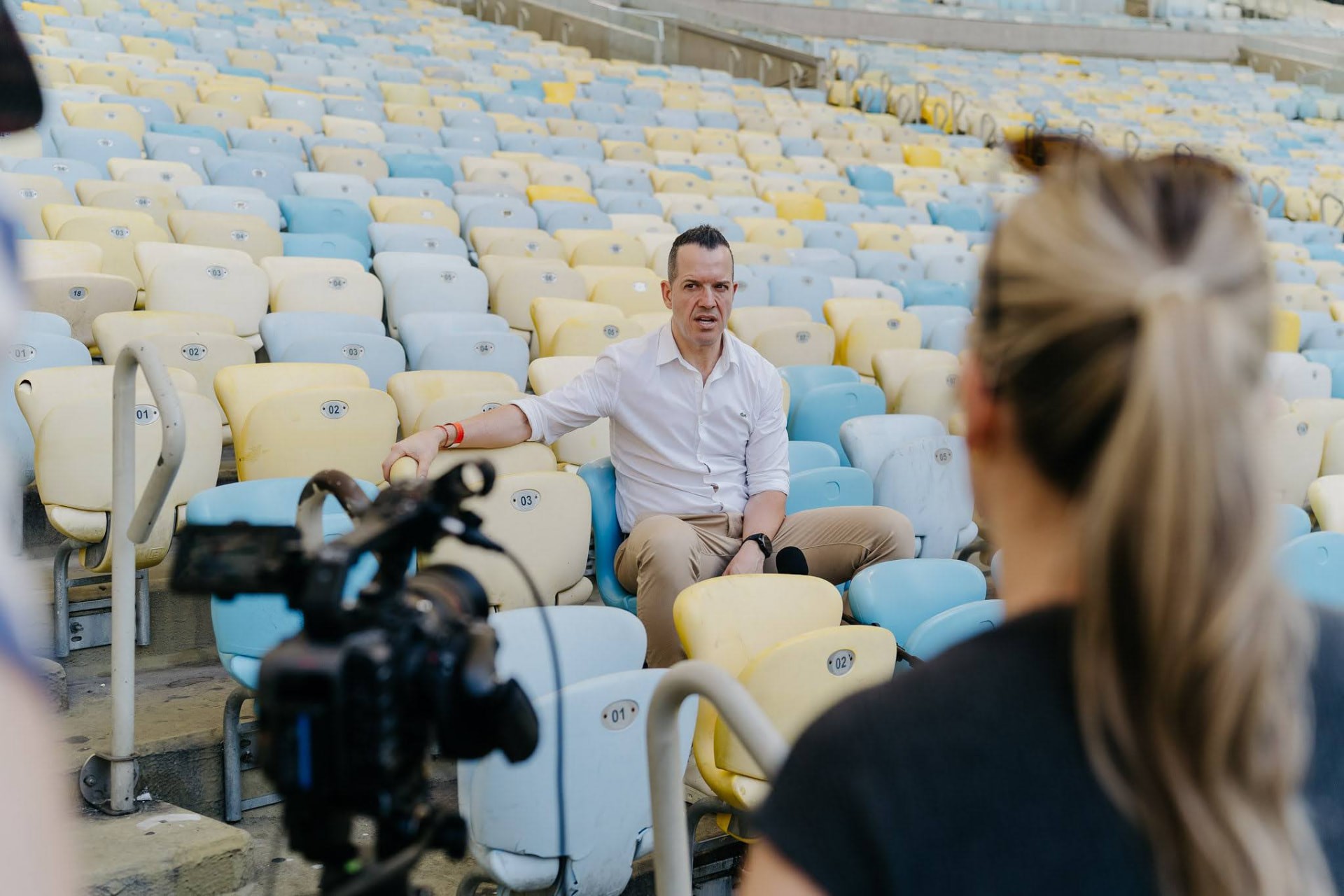 Gareth Crook discussing sportsbook at a sports industry event in a stadium.