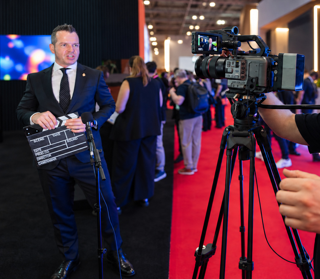 Gareth Crook holding a clapperboard during an interview at a gaming industry conference.